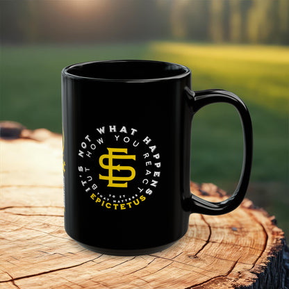 Epictetus Quote Mug - "It's not what happens but how you react to it that matters." - INTERACTIVE Stoicism Quote Mug - Scannable QR Code - Black Mug