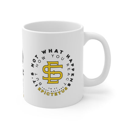 Epictetus Quote Mug - "It's not what happens but how you react to it that matters." - INTERACTIVE Stoicism Quote Mug - Scannable QR Code - Black Mug