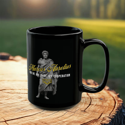 Marcus Aurelius Quote Mug: "For we are made for cooperation." - INTERACTIVE Stoicism Quote Mug - Scannable QR Code - Black Mug