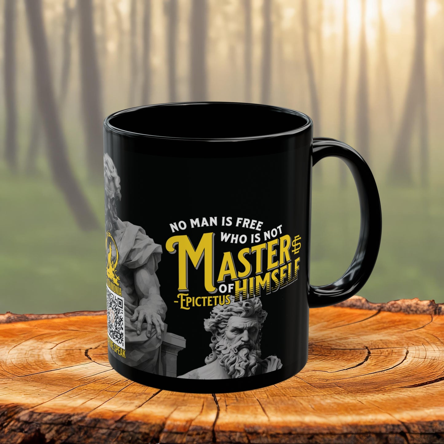 Epictetus Quote Mug - "No man is free who is not master of himself." - INTERACTIVE Stoicism Quote Mug - Scannable QR Code - Black Mug