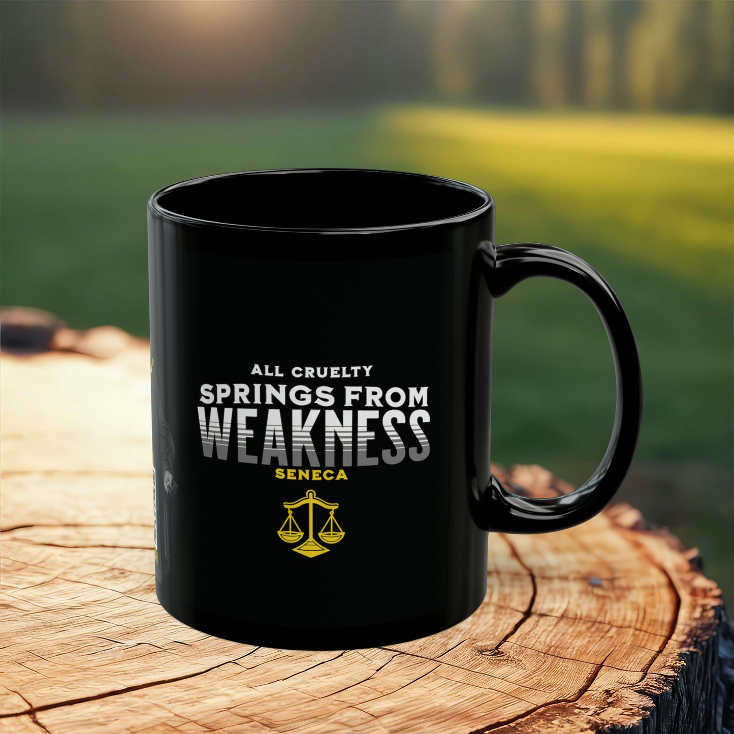 Seneca Quote Mug: "All cruelty springs from weakness" - INTERACTIVE Stoicism Quote Mug - Scannable QR Code - Black Mug