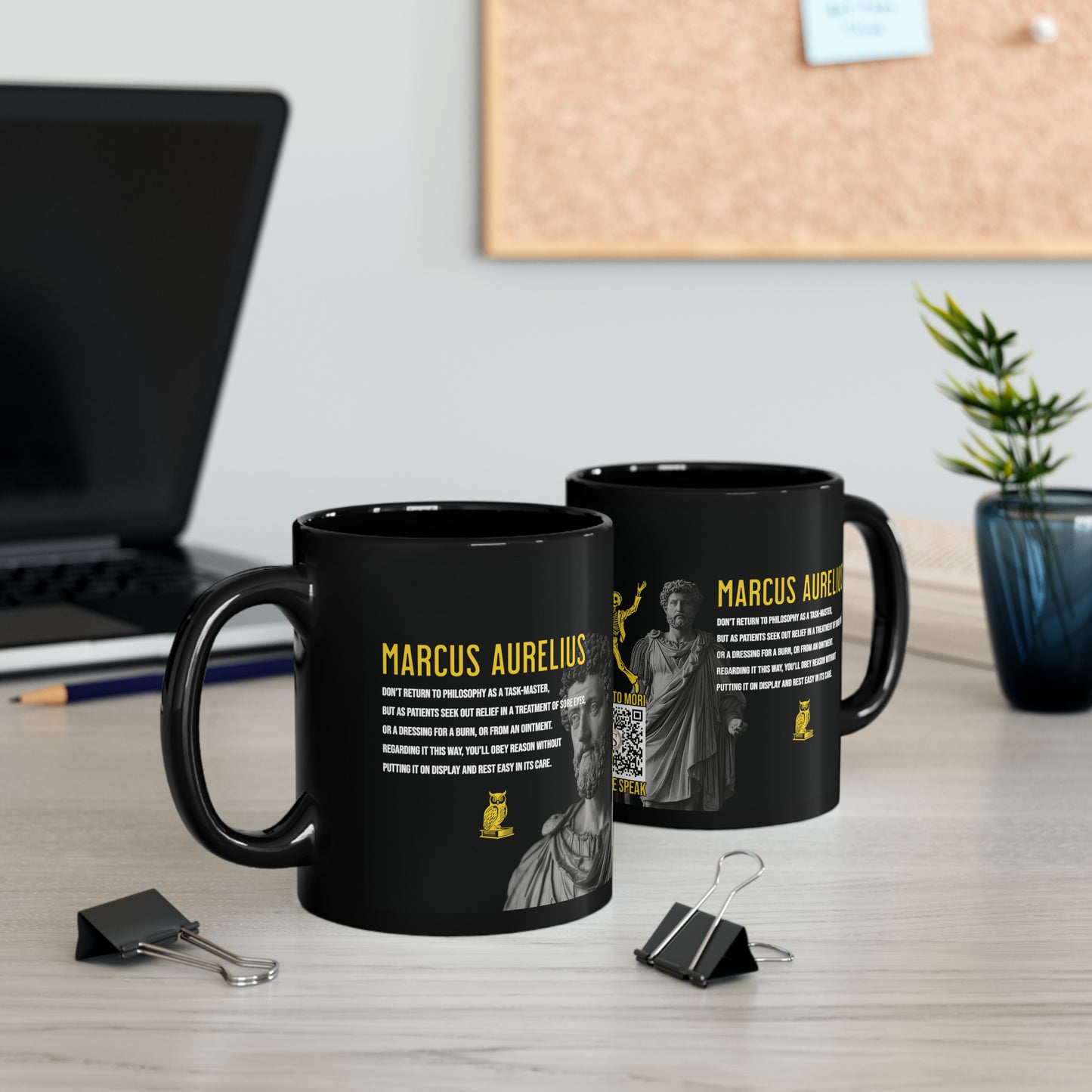 Marcus Aurelius Quote Mug: "Don't return to philosophy as a taskmaster" - INTERACTIVE Stoicism Quote Mug - Scannable QR Code - Black Mug