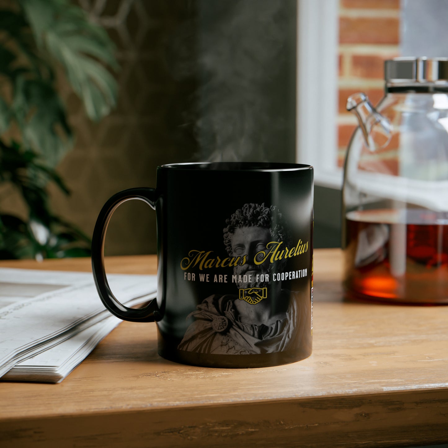 Marcus Aurelius Quote Mug: "For we are made for cooperation." - INTERACTIVE Stoicism Quote Mug - Scannable QR Code - Black Mug