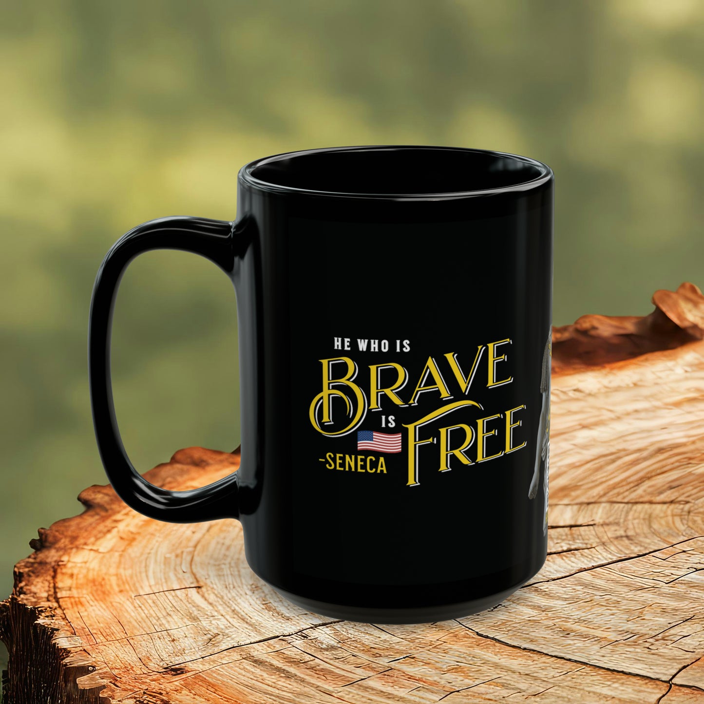 Seneca Quote Mug: "He who is brave is free" - INTERACTIVE Stoicism Quote Mug - Scannable QR Code - Black Mug