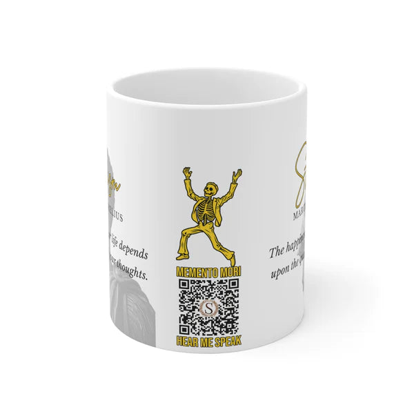 Marcus Aurelius Quote Mug: STOICISM - "The happiness of your life depends upon the quality of your thoughts" - INTERACTIVE Stoicism Quote Mug - Scannable QR Code - Black Mug