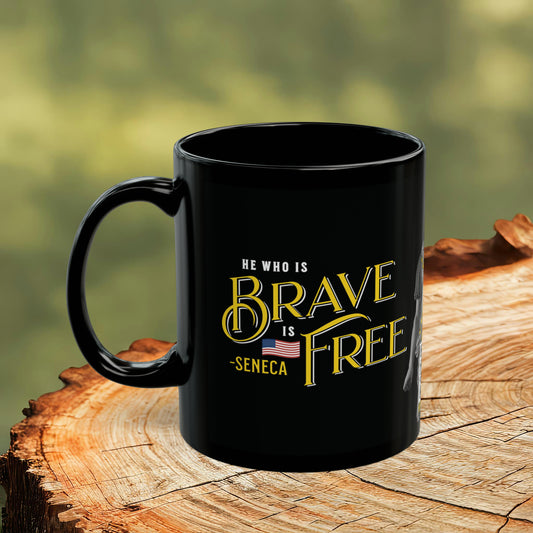 Seneca Quote Mug: "He who is brave is free" - INTERACTIVE Stoicism Quote Mug - Scannable QR Code - Black Mug