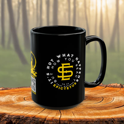 Epictetus Quote Mug - "It's not what happens but how you react to it that matters." - INTERACTIVE Stoicism Quote Mug - Scannable QR Code - Black Mug