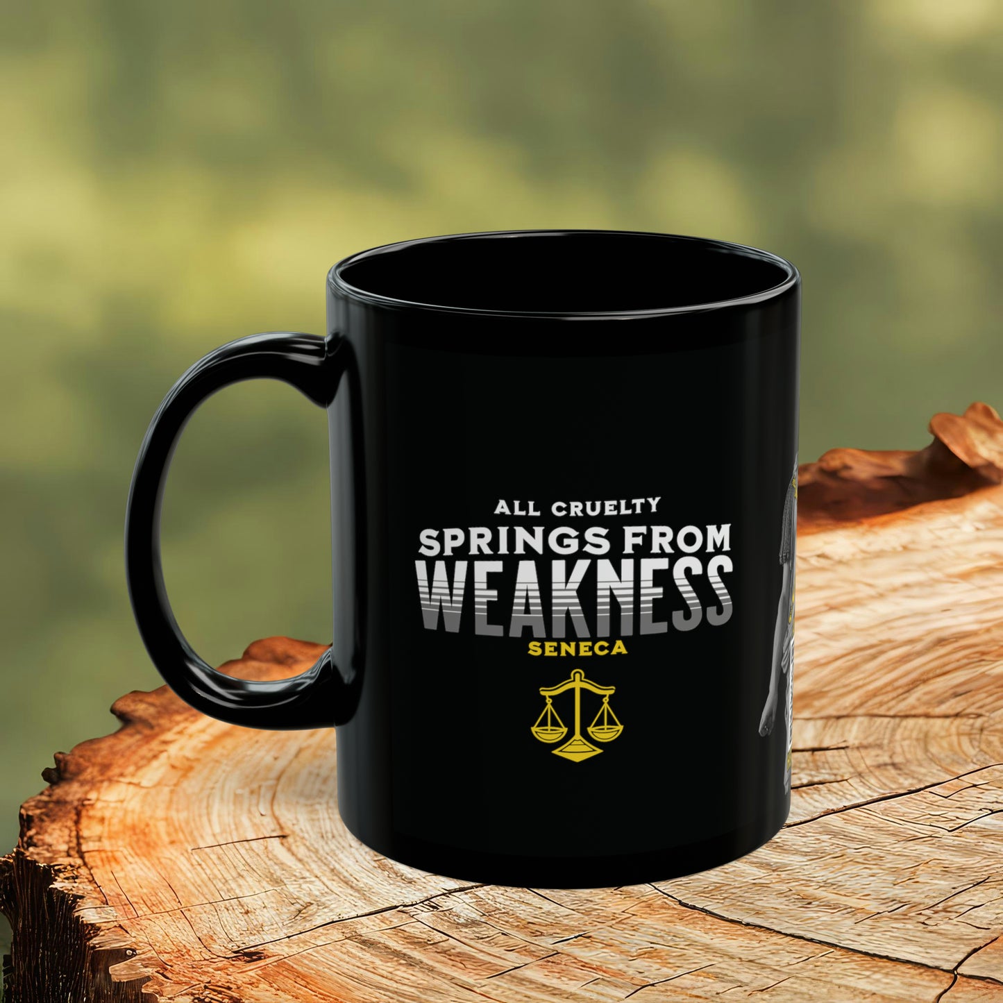 Seneca Quote Mug: "All cruelty springs from weakness" - INTERACTIVE Stoicism Quote Mug - Scannable QR Code - Black Mug