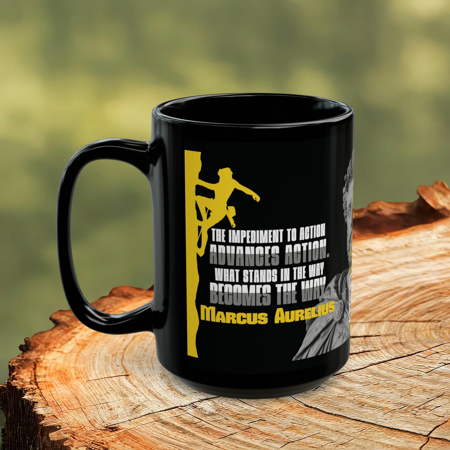 Marcus Aurelius Quote Mug: "What Stands in the Way, Becomes the Way." - INTERACTIVE Stoicism Quote Mug - Scannable QR Code - Black Mug