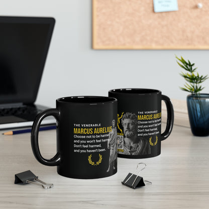 Marcus Aurelius Quote Mug - "Choose Not To Be Harmed" - INTERACTIVE Stoicism Quote Mug - Scannable QR Code - Black Mug