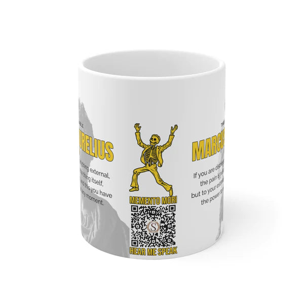 Marcus Aurelius Quote Mug: "If you are distressed by anything external" - INTERACTIVE Stoicism Quote Mug - Scannable QR Code - Black Mug