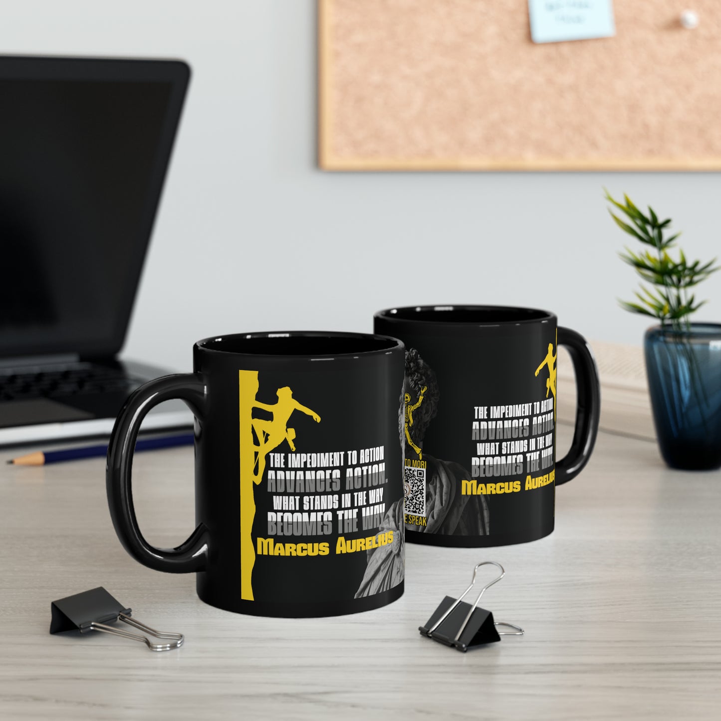 Marcus Aurelius Quote Mug: "What Stands in the Way, Becomes the Way." - INTERACTIVE Stoicism Quote Mug - Scannable QR Code - Black Mug