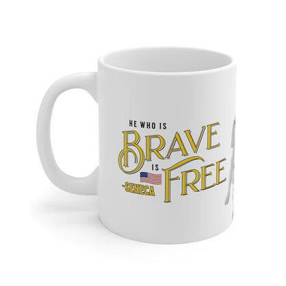 Seneca Quote Mug: "He who is brave is free" - INTERACTIVE Stoicism Quote Mug - Scannable QR Code - Black Mug