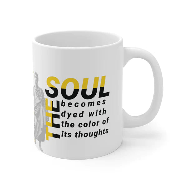 Marcus Aurelius Quote Mug: "The soul becomes dyed with the color of its thoughts" - INTERACTIVE Stoicism Quote Mug - Scannable QR Code - Black Mug