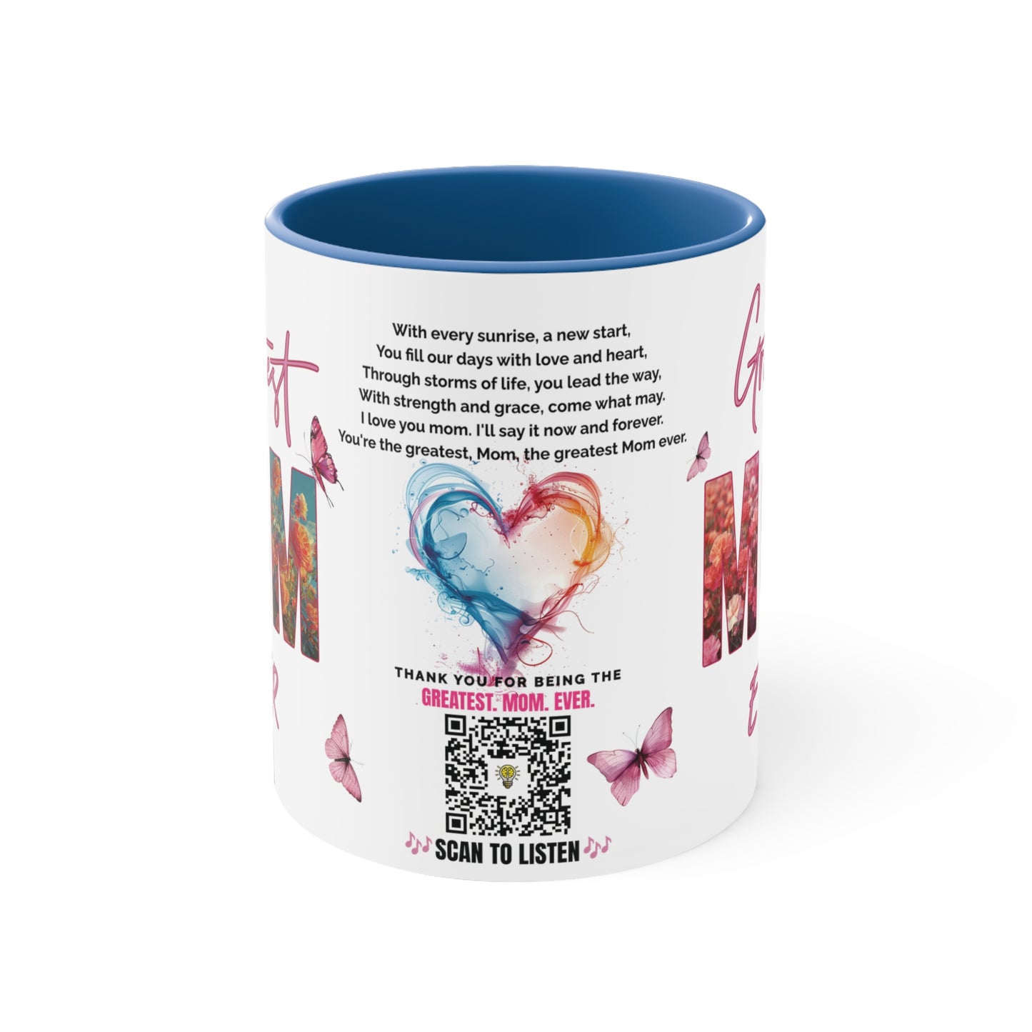 Greatest Mom Ever, Mother's Day Gift, Interactive Coffee Mug Gift for Mom, Audio Music Lyrics QR Code Scanning Mug, Two-Tone Accent, 11oz White Mug