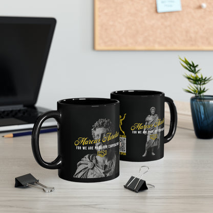 Marcus Aurelius Quote Mug: "For we are made for cooperation." - INTERACTIVE Stoicism Quote Mug - Scannable QR Code - Black Mug