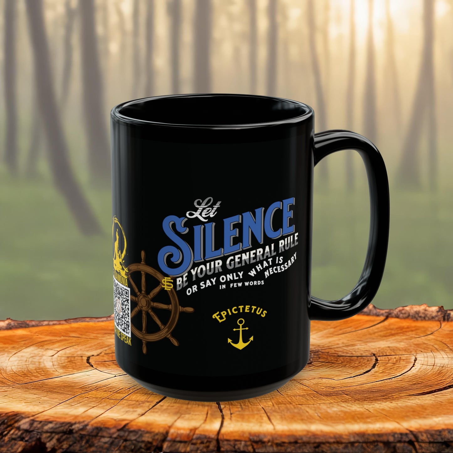 Epictetus Quote Mug - "Let Silence Be Your General Rule" - INTERACTIVE Stoicism Quote Mug - Scannable QR Code - Black Mug