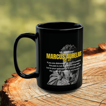 Marcus Aurelius Quote Mug: "If you are distressed by anything external" - INTERACTIVE Stoicism Quote Mug - Scannable QR Code - Black Mug