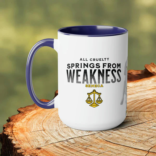 Seneca Quote Mug: "All cruelty springs from weakness" - INTERACTIVE Stoicism Quote Mug - Scannable QR Code - Black Mug