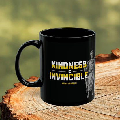 Marcus Aurelius Quote Mug: "Kindness is Invincible." - INTERACTIVE Stoicism Quote Mug - Scannable QR Code - Black Mug