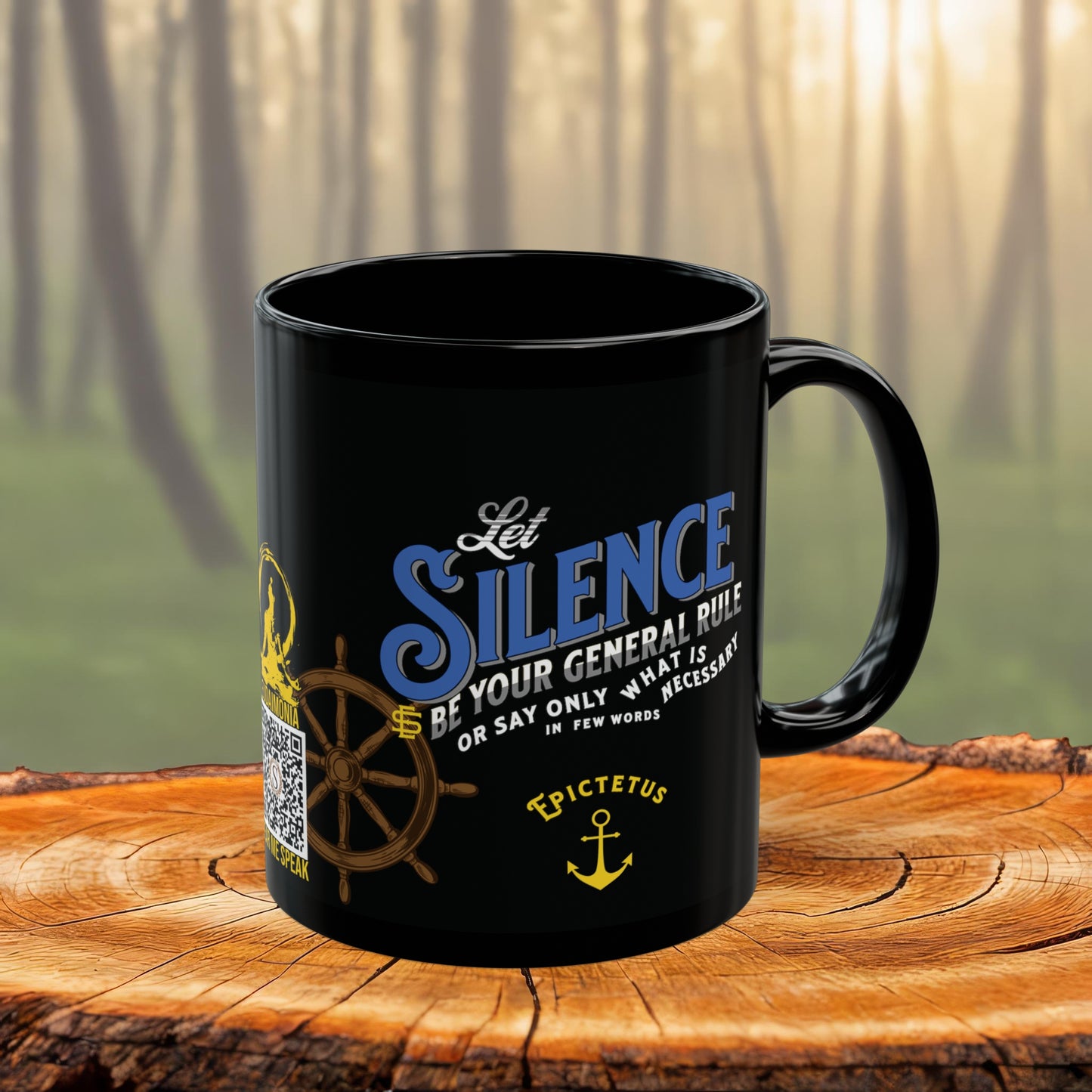 Epictetus Quote Mug - "Let Silence Be Your General Rule" - INTERACTIVE Stoicism Quote Mug - Scannable QR Code - Black Mug