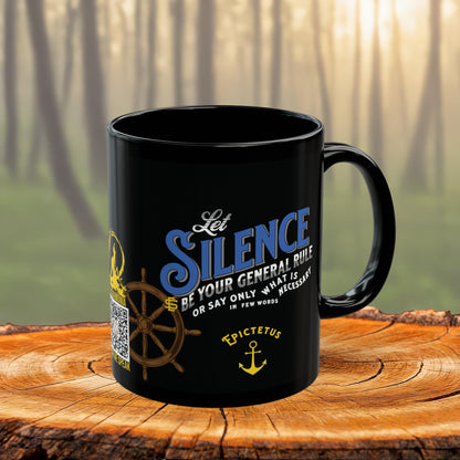 Epictetus Quote Mug - "Let Silence Be Your General Rule" - INTERACTIVE Stoicism Quote Mug - Scannable QR Code - Black Mug