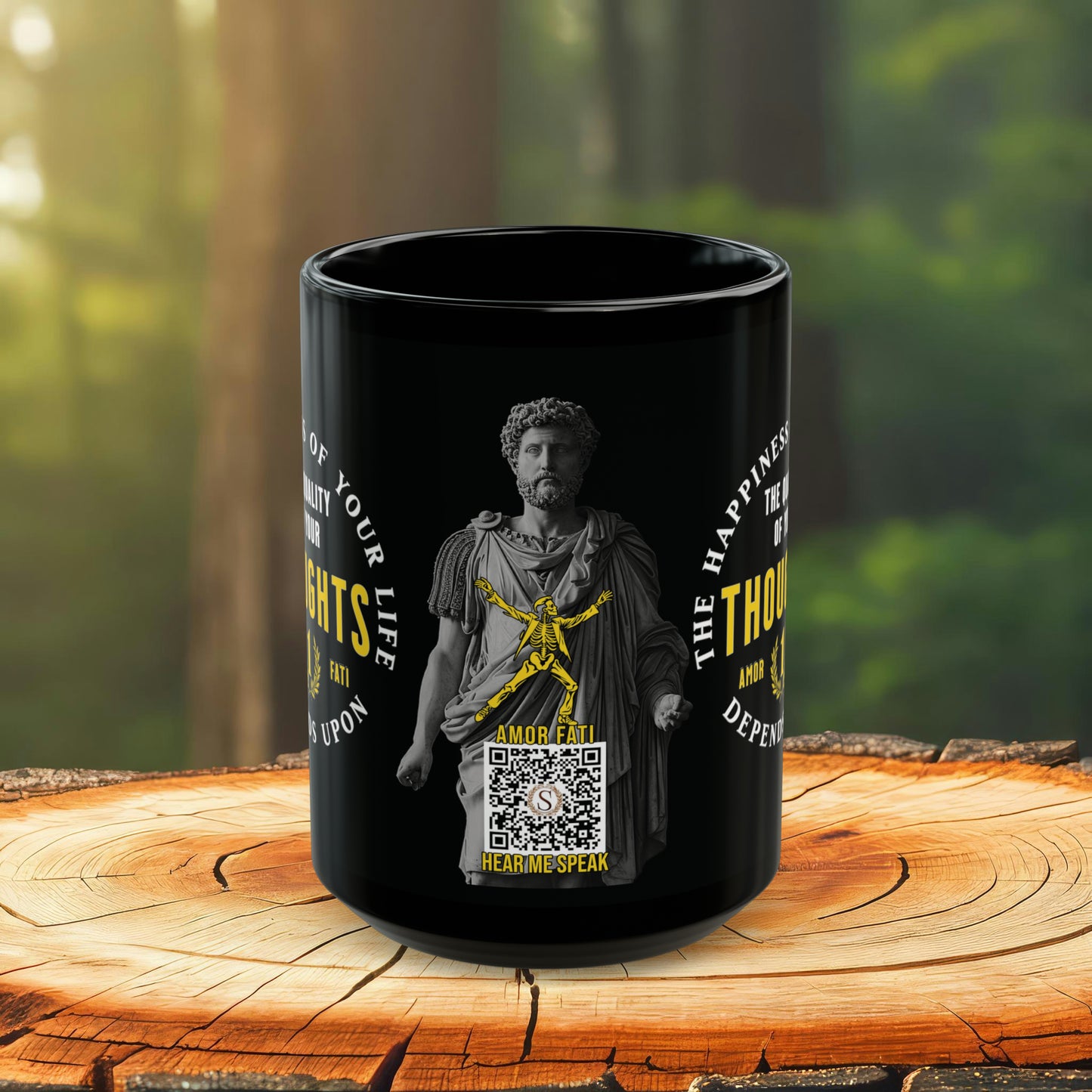 Marcus Aurelius Quote Mug: "The happiness of your life depends upon the quality of your thoughts" - INTERACTIVE Stoicism Quote Mug - Scannable QR Code - Black Mug