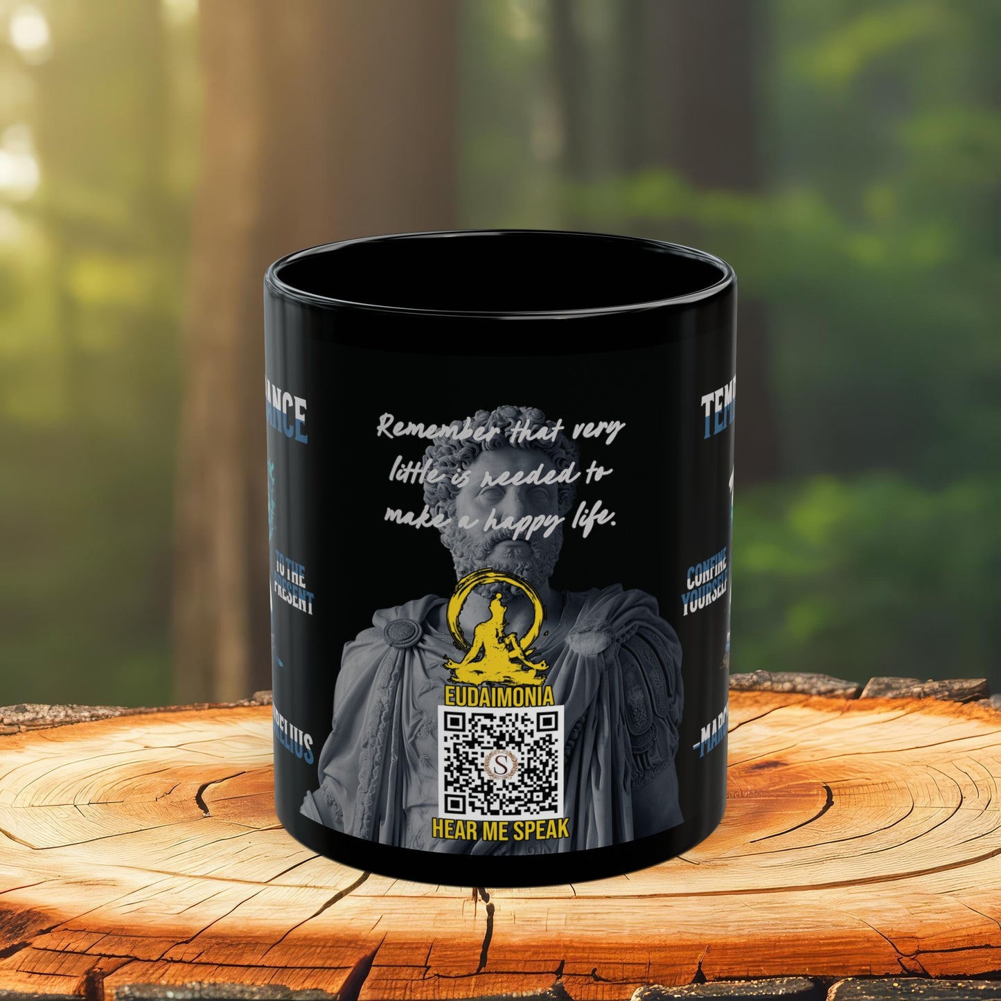 Marcus Aurelius Quote Mug - "Confine yourself to the present. Remember that very little is needed to make a happy life." - INTERACTIVE Stoicism Quote Mug - Scannable QR Code - Black Mug