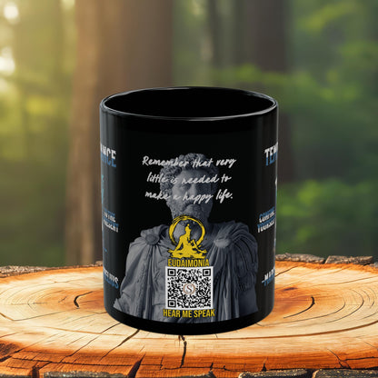 Marcus Aurelius Quote Mug - "Confine yourself to the present. Remember that very little is needed to make a happy life." - INTERACTIVE Stoicism Quote Mug - Scannable QR Code - Black Mug