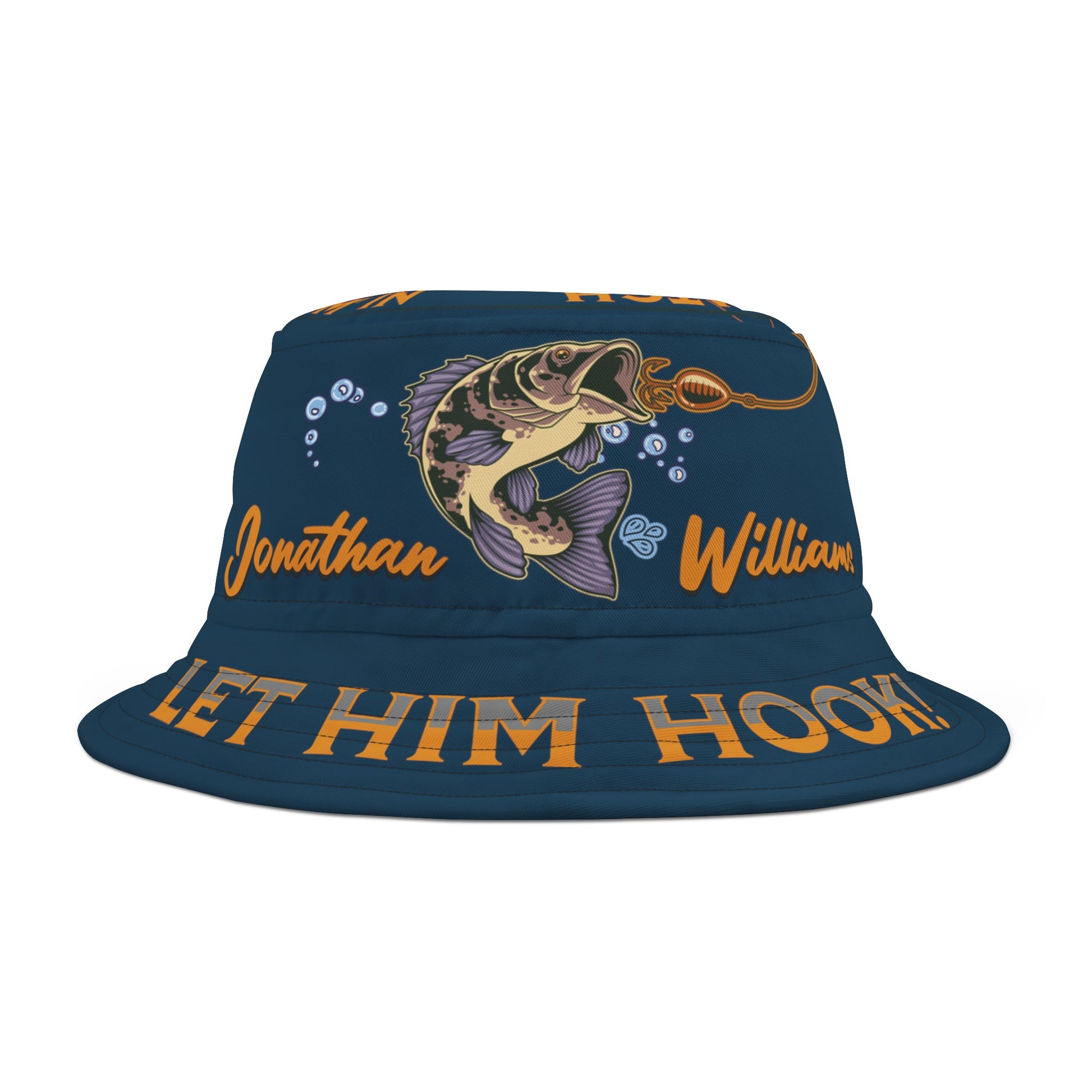 a blue fishing bucket hat that has graphic of a fish about to bite a hook, a person's name, let him hook