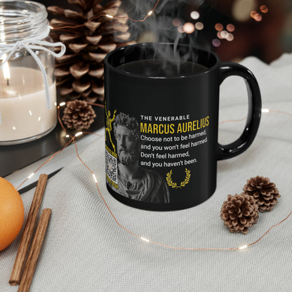 Marcus Aurelius Quote Mug - "Choose Not To Be Harmed" - INTERACTIVE Stoicism Quote Mug - Scannable QR Code - Black Mug