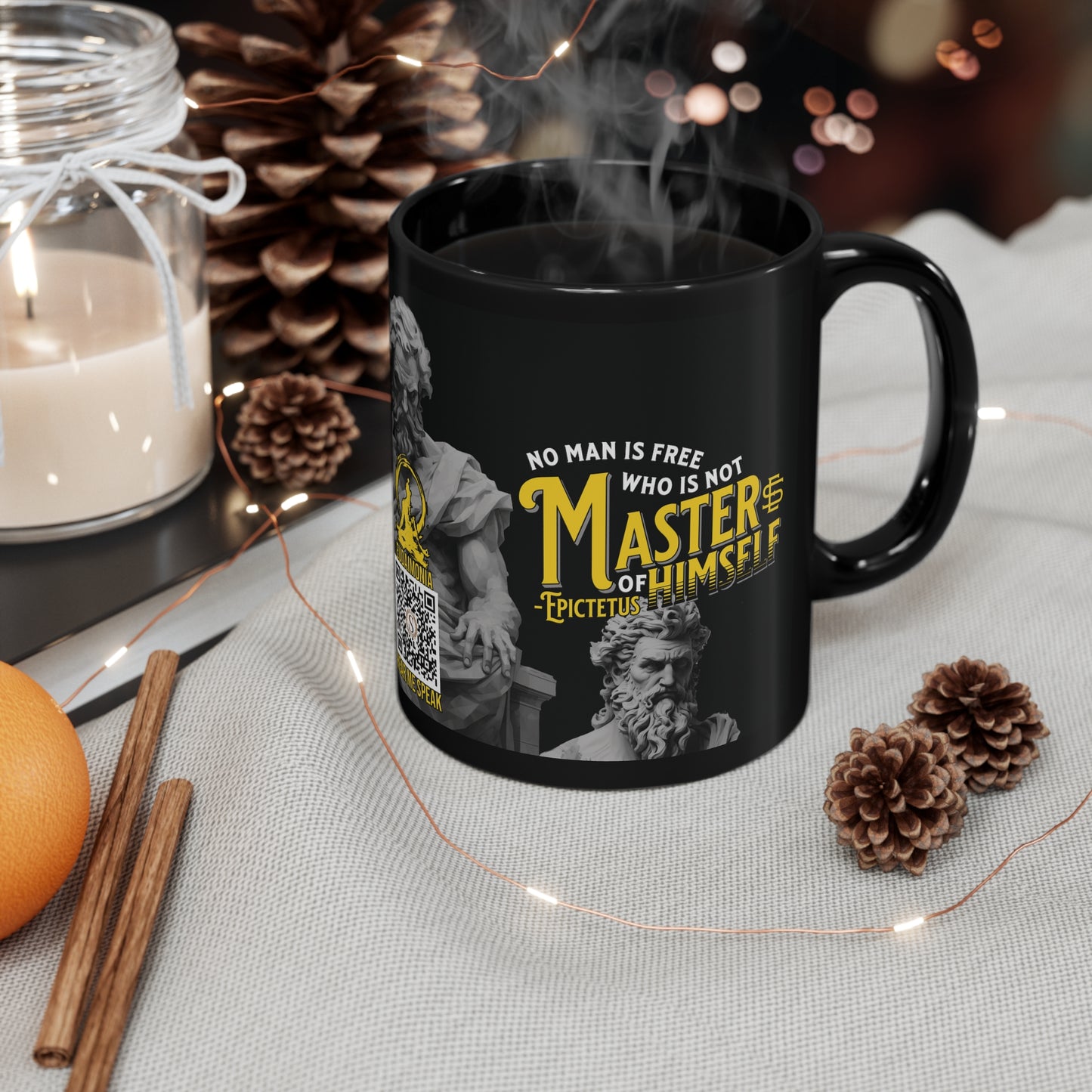 Epictetus Quote Mug - "No man is free who is not master of himself." - INTERACTIVE Stoicism Quote Mug - Scannable QR Code - Black Mug