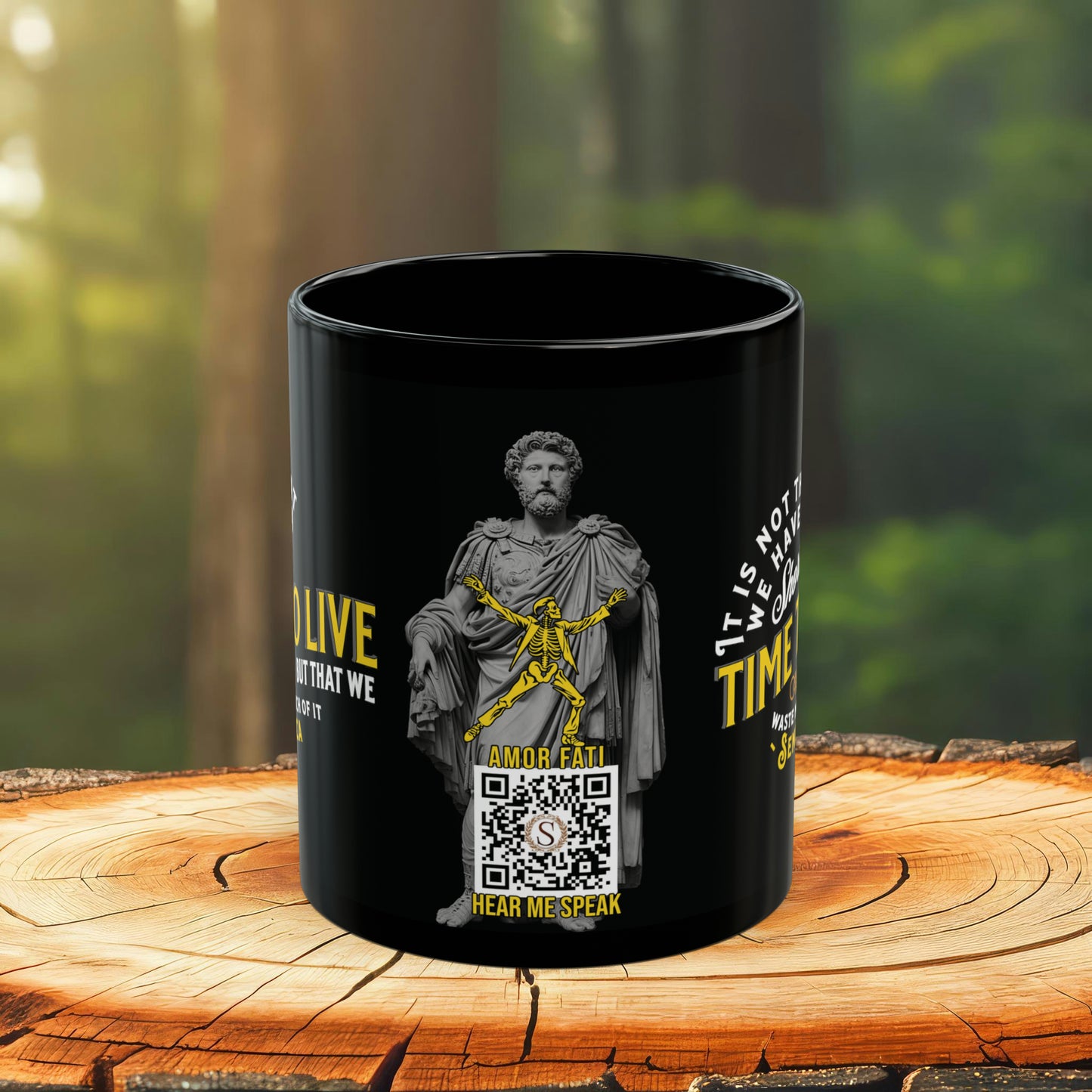 Seneca Quote Mug: "It is not that we have a short time to live" - INTERACTIVE Quote Mug - Scannable QR Code - Black Mug