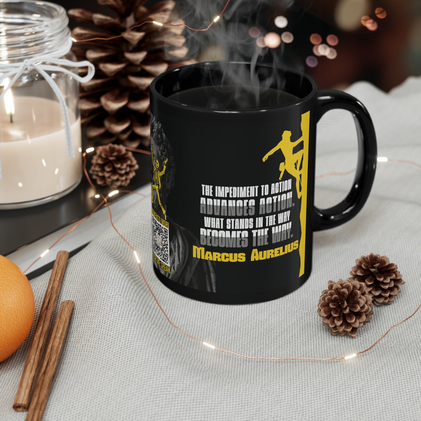 Marcus Aurelius Quote Mug: "What Stands in the Way, Becomes the Way." - INTERACTIVE Stoicism Quote Mug - Scannable QR Code - Black Mug