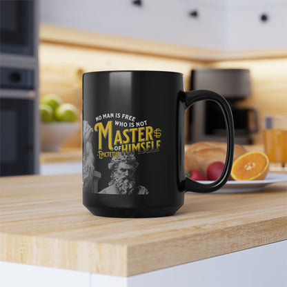 Epictetus Quote Mug - "No man is free who is not master of himself." - INTERACTIVE Stoicism Quote Mug - Scannable QR Code - Black Mug