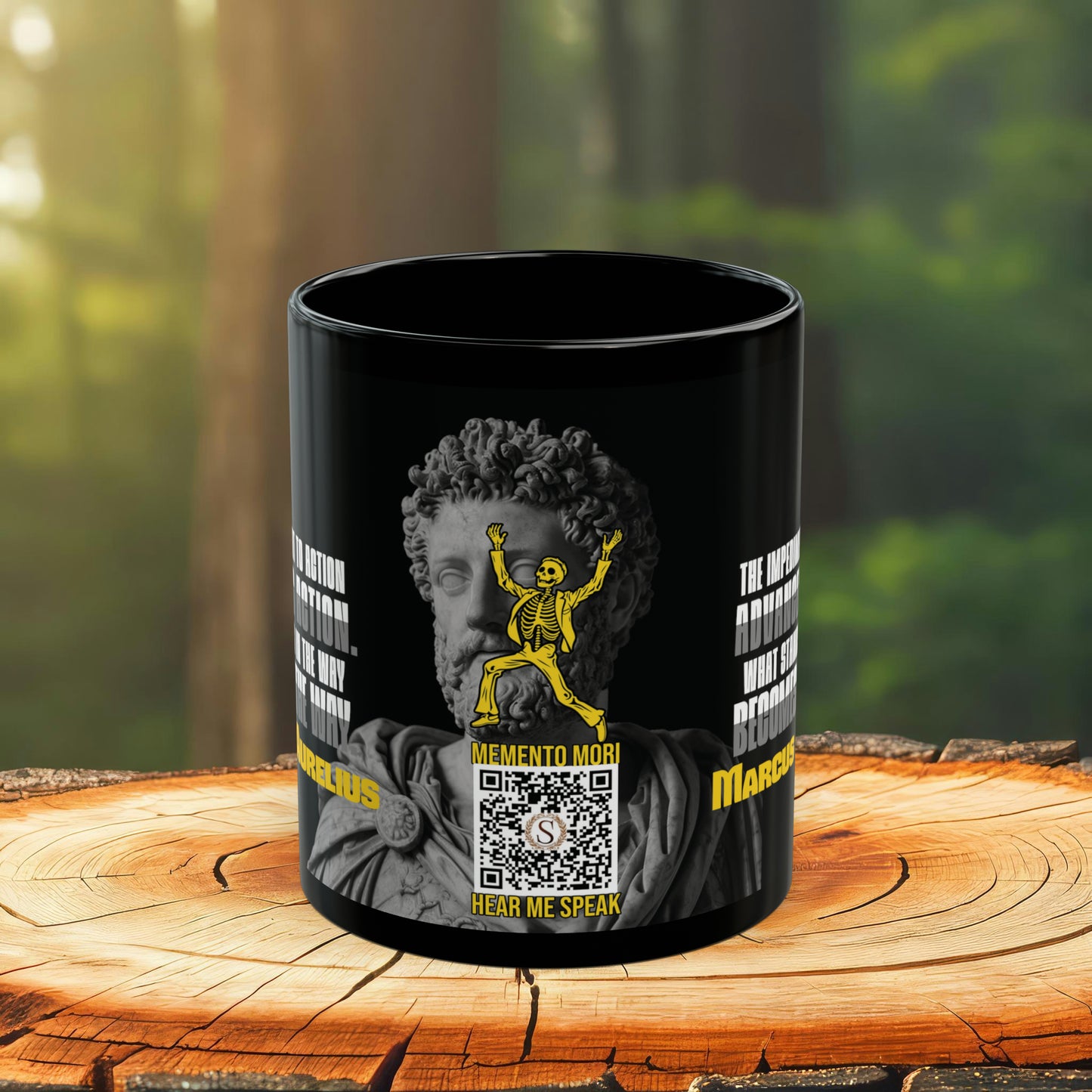 Marcus Aurelius Quote Mug: "What Stands in the Way, Becomes the Way." - INTERACTIVE Stoicism Quote Mug - Scannable QR Code - Black Mug