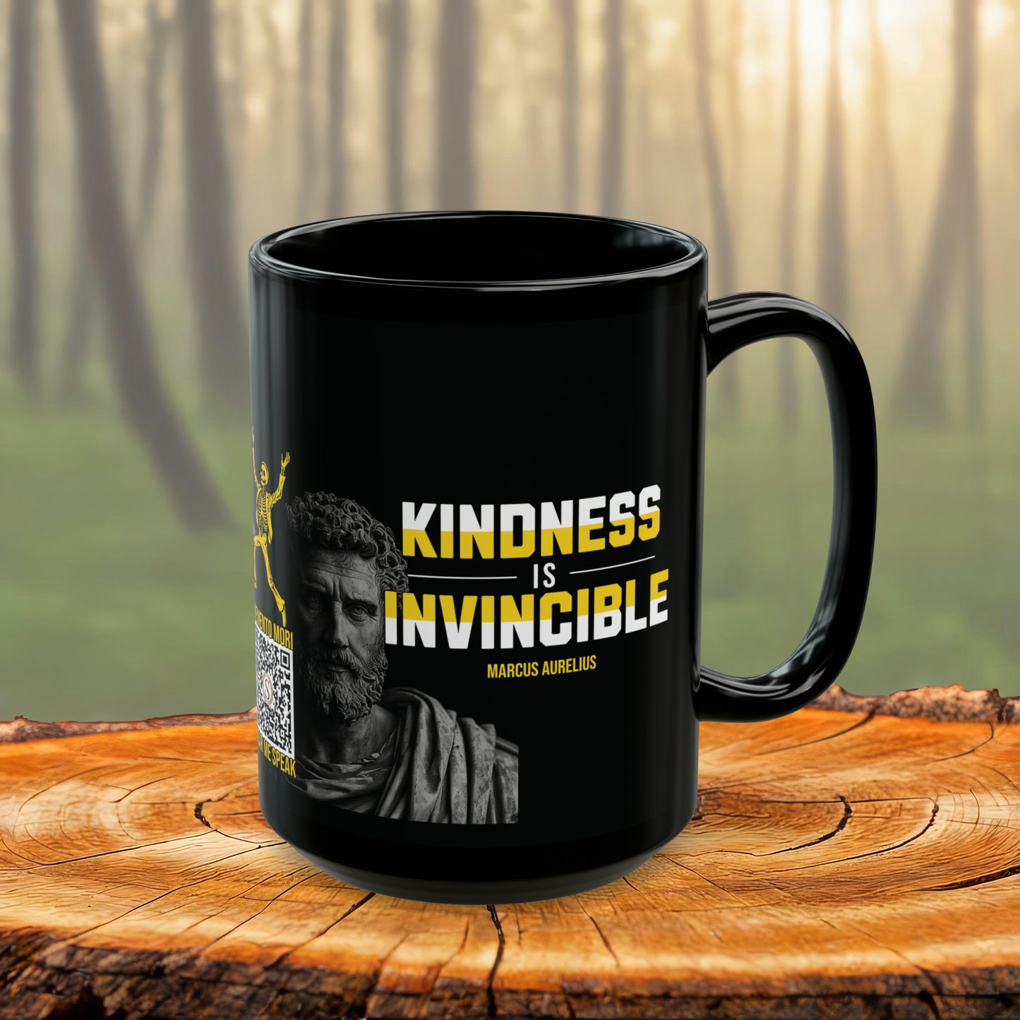 Marcus Aurelius Quote Mug: "Kindness is Invincible." - INTERACTIVE Stoicism Quote Mug - Scannable QR Code - Black Mug