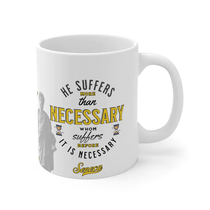 Seneca Quote Mug: "He suffers more than necessary, whom suffers before it is necesary" - INTERACTIVE Stoicism Quote Mug - Scannable QR Code - Black Mug