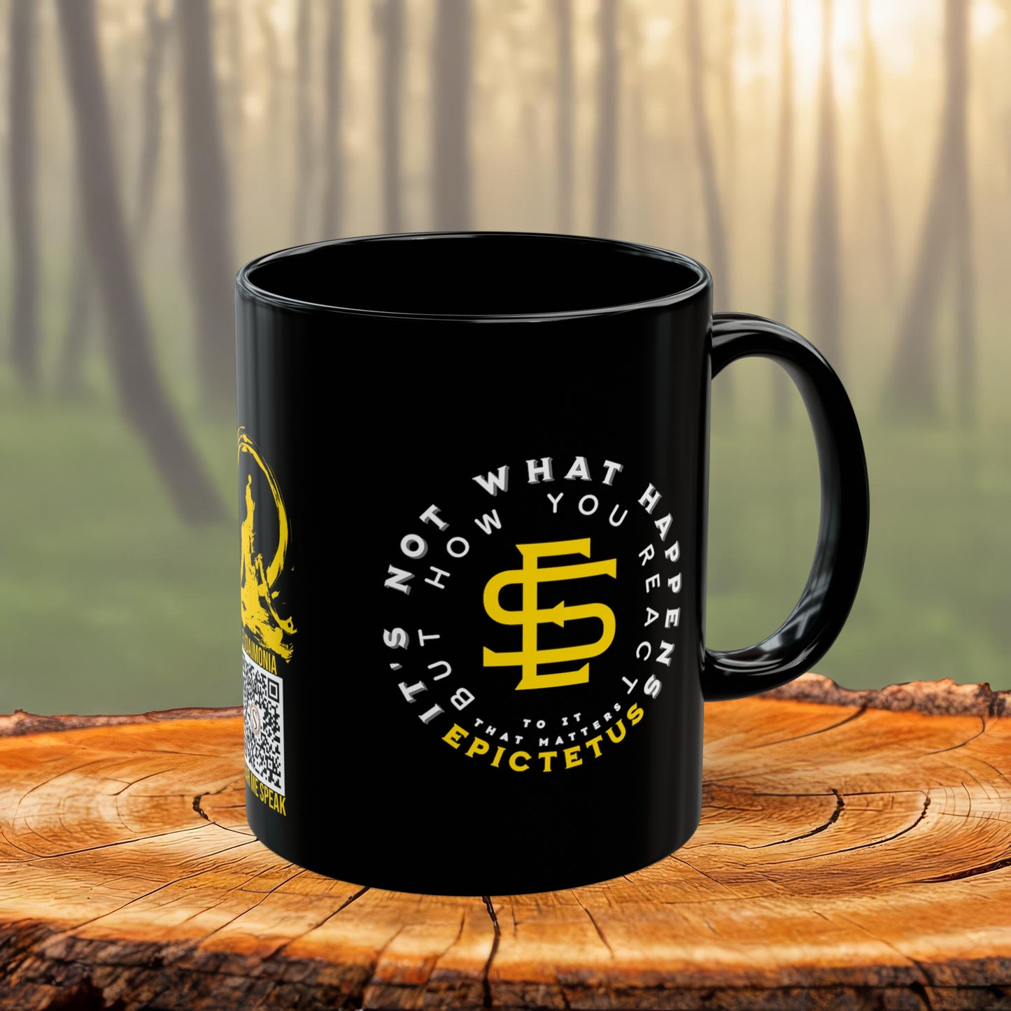 Epictetus Quote Mug - "It's not what happens but how you react to it that matters." - INTERACTIVE Stoicism Quote Mug - Scannable QR Code - Black Mug