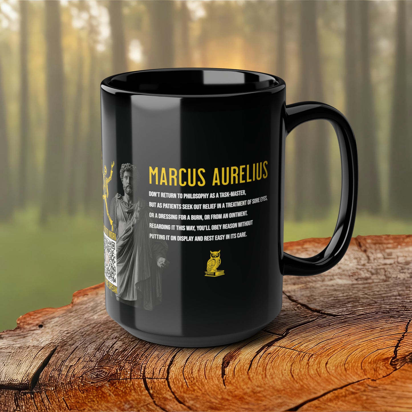 Marcus Aurelius Quote Mug: "Don't return to philosophy as a taskmaster" - INTERACTIVE Stoicism Quote Mug - Scannable QR Code - Black Mug