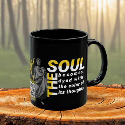 Marcus Aurelius Quote Mug: "The soul becomes dyed with the color of its thoughts" - INTERACTIVE Stoicism Quote Mug - Scannable QR Code - Black Mug