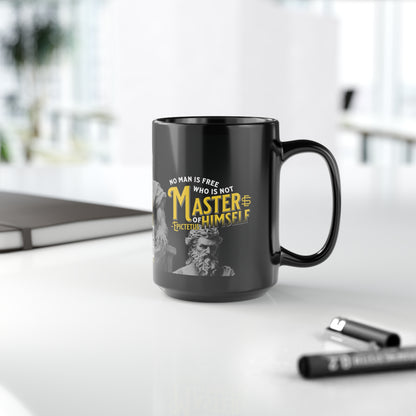 Epictetus Quote Mug - "No man is free who is not master of himself." - INTERACTIVE Stoicism Quote Mug - Scannable QR Code - Black Mug