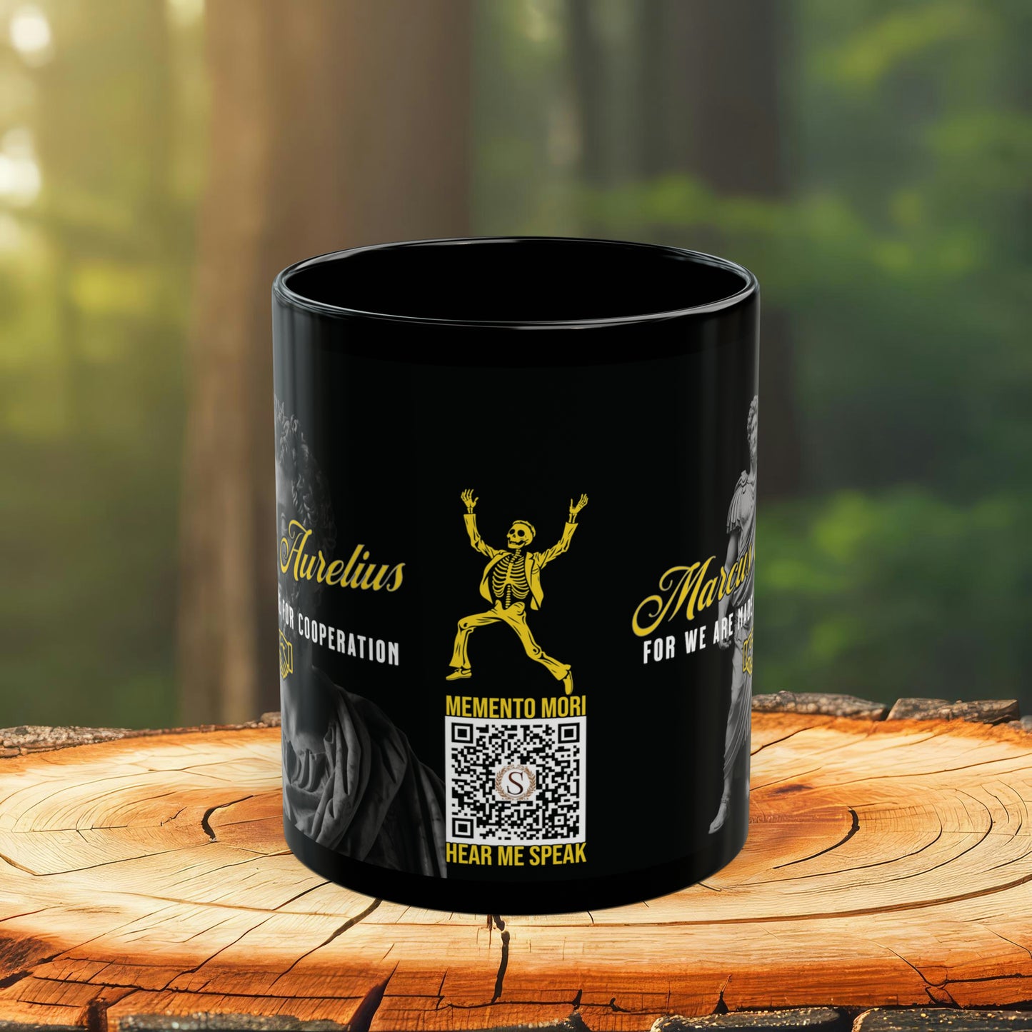 Marcus Aurelius Quote Mug: "For we are made for cooperation." - INTERACTIVE Stoicism Quote Mug - Scannable QR Code - Black Mug