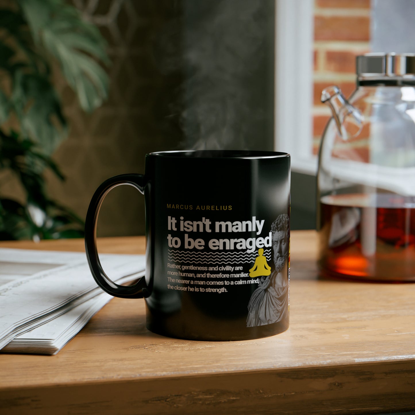 Marcus Aurelius Quote Mug: "It isn't manly to be enraged." - INTERACTIVE Stoicism Quote Mug - Scannable QR Code - Black Mug