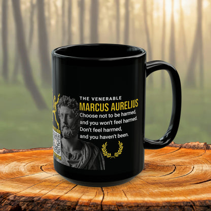 Marcus Aurelius Quote Mug - "Choose Not To Be Harmed" - INTERACTIVE Stoicism Quote Mug - Scannable QR Code - Black Mug