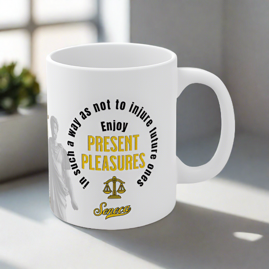 Seneca Quote Mug: "Enjoy present pleasures in such a way as not to injure future ones" INTERACTIVE Stoicism Quote Mug - Scannable QR Code - Black Mug