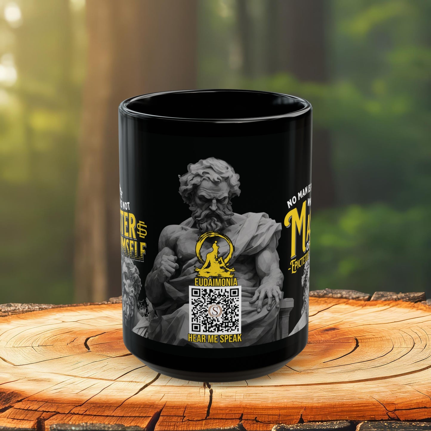 Epictetus Quote Mug - "No man is free who is not master of himself." - INTERACTIVE Stoicism Quote Mug - Scannable QR Code - Black Mug