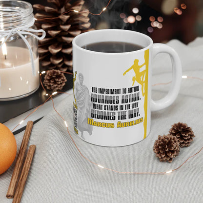 Marcus Aurelius Quote Mug: "What Stands in the Way, Becomes the Way." - INTERACTIVE Stoicism Quote Mug - Scannable QR Code - Black Mug