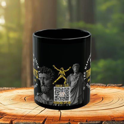 Marcus Aurelius Quote Mug: "The happiness of your life depends upon the quality of your thoughts" - INTERACTIVE Stoicism Quote Mug - Scannable QR Code - Black Mug