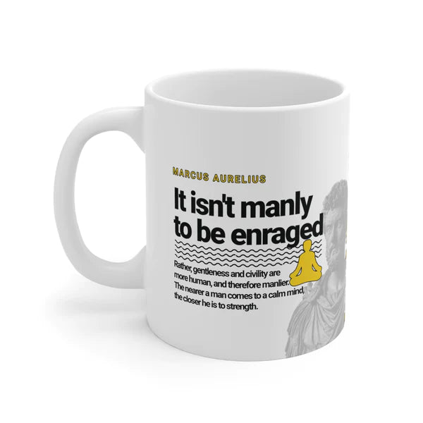 Marcus Aurelius Quote Mug: "It isn't manly to be enraged." - INTERACTIVE Stoicism Quote Mug - Scannable QR Code - Black Mug